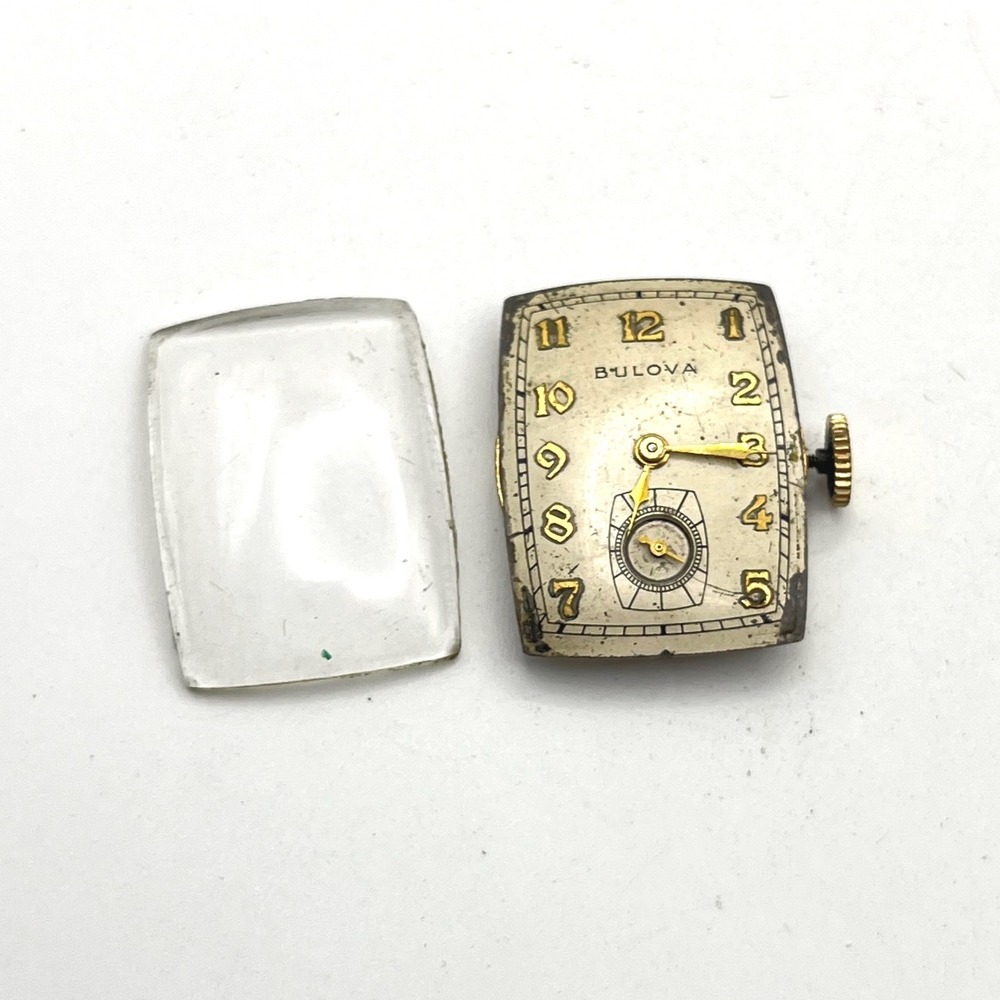 Vintage Bulova 8AE 17 Jewels Watch Movement Dial Rectangular Gold Tone Parts